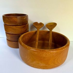 VTG Teak Salad Bowl Set Wood Taiwan Dolphin Mid-century Modern MCM Tongs